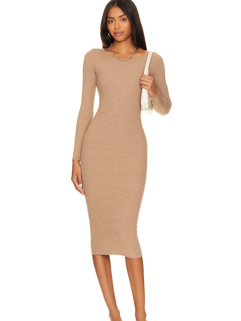 LPA Camel Ribbed Long Sleeve Midi Dress